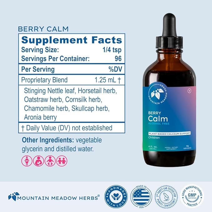 Mountain Meadow Herbs Berry Calm for Kids – Herbal Calcium Supplement for Strong Bones, Teeth, Focus & Relaxation, Great Tasting Liquid Formula, 4 oz