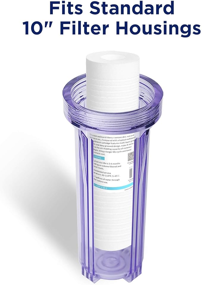 Membrane Solutions Grooved Sediment Water Filter Cartridge (Pack of 6), 5 Micron Whole House Water Filter Universal Replacement 10"x2.5" for 10 inch RO Unit, Whole House Under-Sink Filtration System