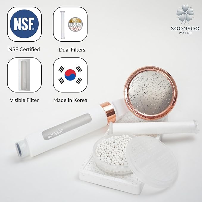 Dual Hard Water NSF Filter Shower Head (6 Stages), Made in Korea, White & Rose Gold