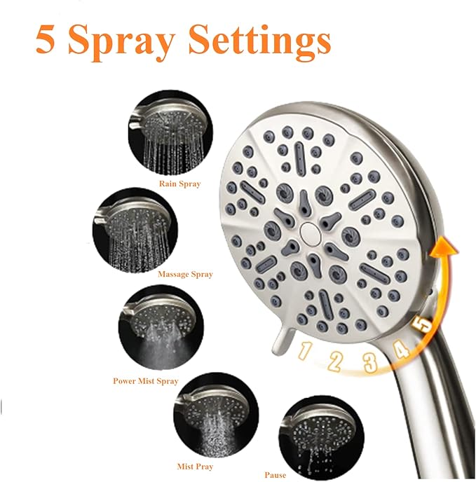 High Pressure Shower Head with Handheld - 5 Spray Settings High Flow Detachable Rain Shower Heads with 60” Extra-long Stainless Steel Hose and Adjustable Bracket with Brass Joint – Brushed Nickel