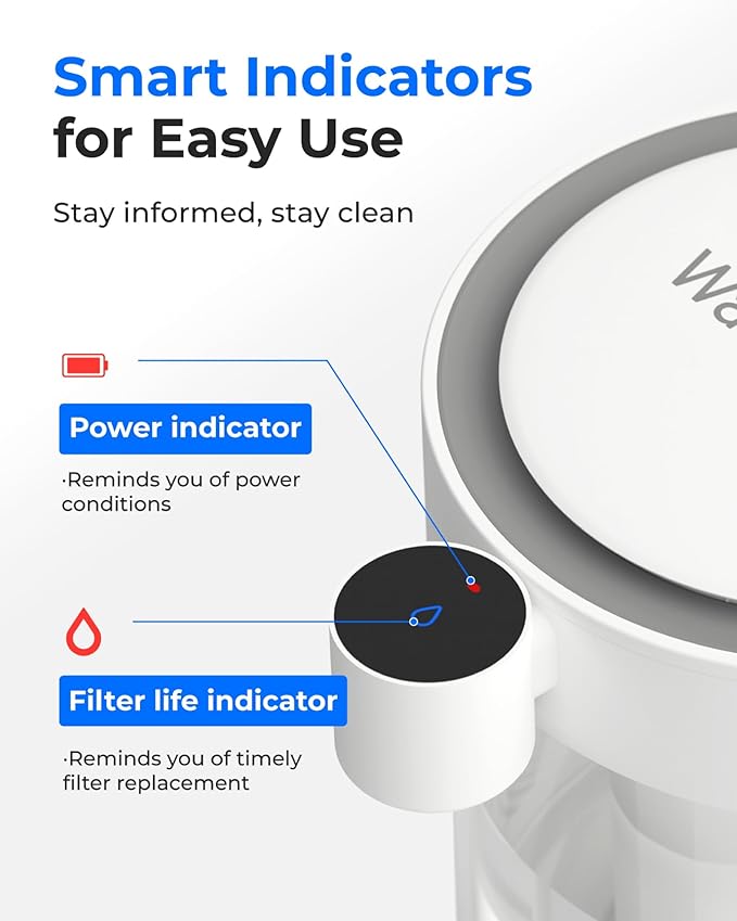 Waterdrop 0 TDS Glass Rechargeable Water Filter Dispenser, 4-Stage Zero TDS Electric Instant Pitcher, Reduce Chlorine, Lead, Copper, Large 22-Cup Countertop Water Filtration System, with 1 Filter