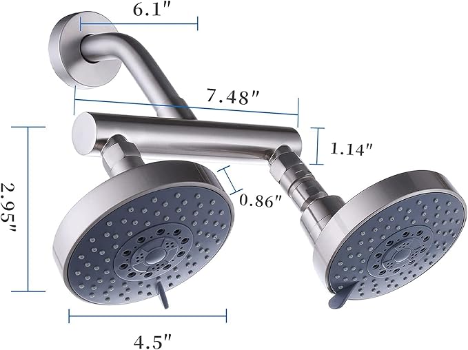 AZOS Double Shower Head with Shut-Off Valve, Bathathroom High Pressure Dual Fixed Rain Shower Head Combo with Brass Dual Outlet Manifold, Adjustable 5 Function Showerhead Brushed Nickel