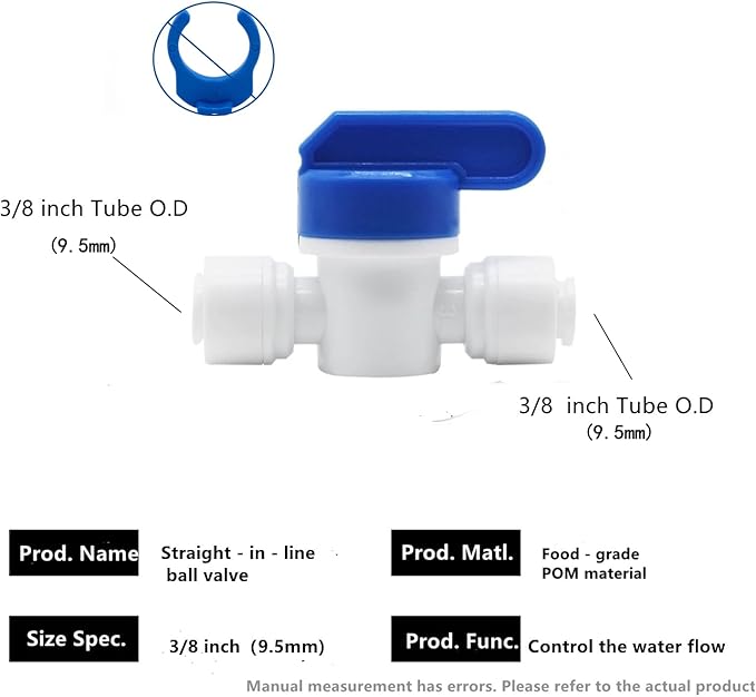 10 pcs Inline Shut Off Ball Valve 3/8 inch OD Tubing&Hose&Pipe Use Plastic Quick Connect Fittings for Water Purifier RODI System