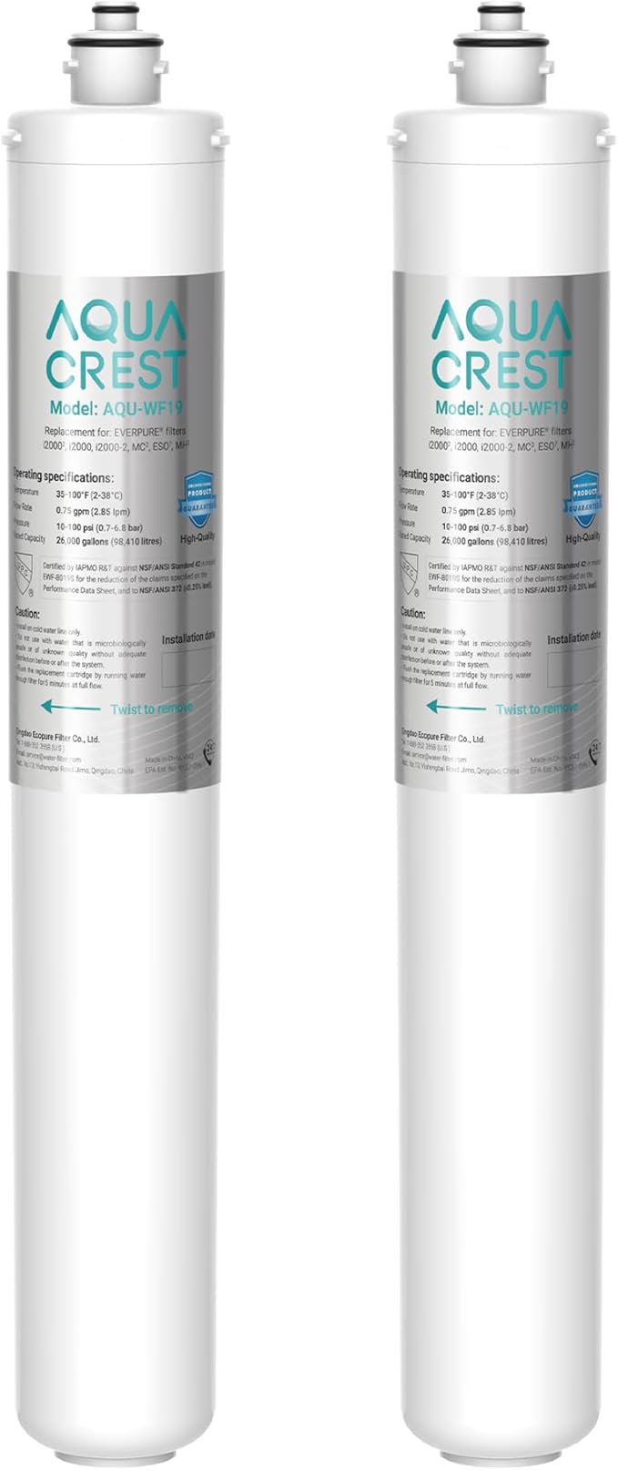 AQUA CREST I2000 2 Under Sink Water Filter, 26K Gallons, Replacement Cartridge for Everpure i2000, MC2, ESO7, MH2, EV9612-22, EV9612-56, EV9607-25, EV9613-21, NSF/ANSI 42 Certified, Pack of 2