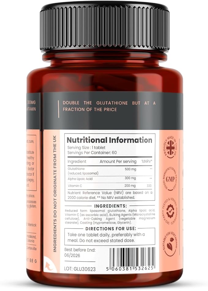 Glutathione 1000mg x 360 Tablets (6 Bottles of 60)- w/500mg Glutathione, 300mg ALA, and 200mg VIT C per Tablet