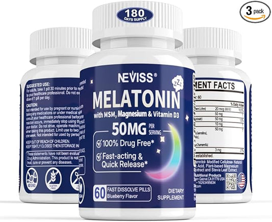 Melatonin 50 mg for Adults - Extra Strength 9-in-1 Fast Dissolve Sublingual - w/Vitamin D3 & MSM, Relaxing Herbal Blend-Ashwagandha, Lemon Balm, Passionflower,Chamomile,Sugar Free, Vegan 180 Servings