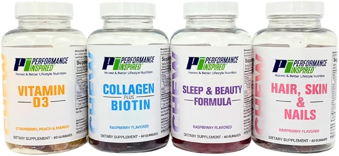 PERFORMANCE INSPIRED Nutrition Collagen + Biotin Gummies – Hydrolyzed Marine Collagen – Supports Hair, Skin & Nails – Raspberry Flavor – 60 Count