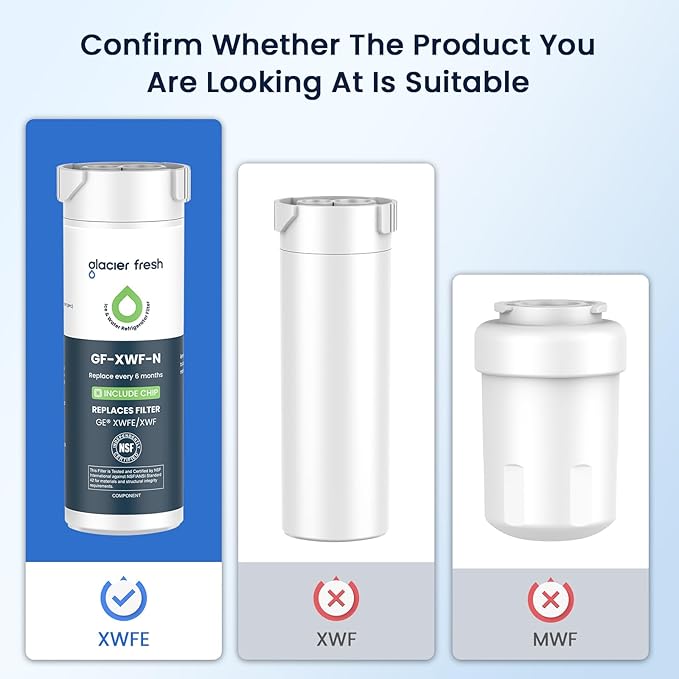 GLACIER FRESH Water Filter Compatible with XWFE (Built-in CHIP), Replacement for GE XWFE, XWF Refrigerator Water Filter NSF/ANSI 42 Certification Pack of 2