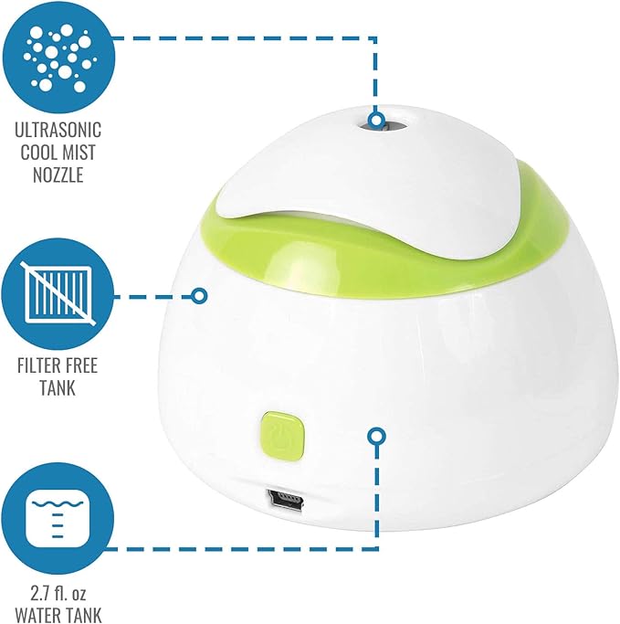 HealthSmart Travel Mate Personal Ultrasonic Small Personal Cool Air Mist USB Compact Travel Humidifier, Relief for Dry Skin, Compact and Personal, Quiet, Filter Free, FSA Eligible Humidifier, White