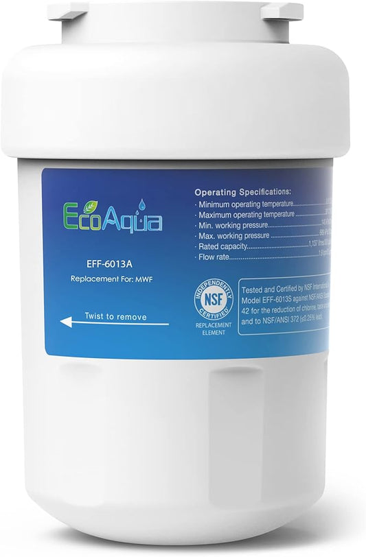 EcoAqua EFF-6013A Replacement Filter, Compatible with GE MWF SmartWater, MWFA, MWFP, GWF, GWFA, 46-9991, HDX FMG-1, WFC1201, GSE25GSHECSS, PC75009, RWF1060 Refrigerator Water Filter, 1 Pack