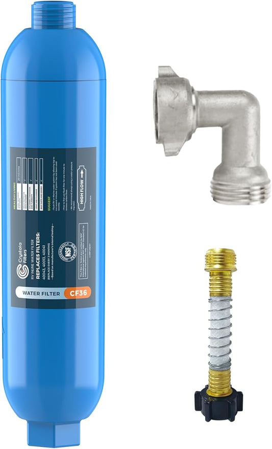 CRYSTALA RV/Camper Water Filter, Inline Water Filter Effectively Reduces Bad Taste, Odors, Chlorine and Sediment for RVs and Marines, 1 Pack Filter with 1 Flexible Hose Protector