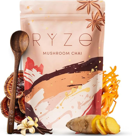 RYZE SUPERFOODS Mushroom Chai with 6 Organic Adaptogenic Mushrooms for Better Energy, Focus, Digestion, Immunity with USA Grown Lion's Mane, Turkey Tail, Shiitake, Reishi - Gluten Free, 20 Servings