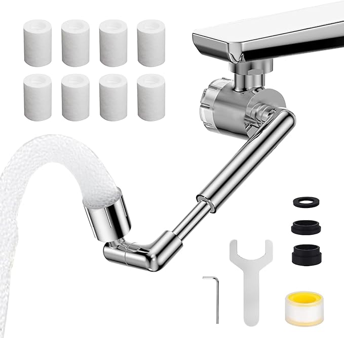 1440º Sink Water Filter Faucet Extender Telescopic, Splash-proof Sink Faucet Extender with Filter, Reduce 99% Chlorine, 2 Modes Spray Attachment for Kitchen/Bathroom/Toddlers, 8Pcs Replacement Filter