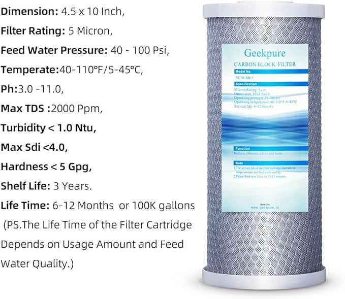 Geekpure 10-Inch Carbon Block Replacement Water Filter Cartridge for Whole House Water Filtration-4.5" x 10"-5 Micron (4)