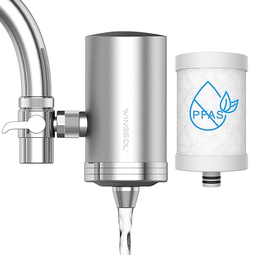 WINGSOL Stainless Steel Water Filter for Sink Faucet, NSF/ANSI 42 & 53, 360° Rotating Tap Purifier Reduces PFAS, Lead, Chlorine & Microplastics, 350 Gallons Long-Lasting for Kitchen & Bathroom