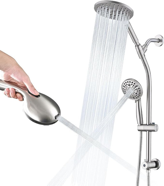 High Pressure Shower Head with Handheld Shower, 26" Adjustable Height Drill-Free Slide Bar, 3-Way Diverter for Easy Reach, Dual Shower Head Combo Set with 5ft Hose - Brushed Nickel