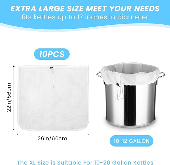 10 Pack 26"x22" Brew Bag, Extra Large Straining Bag, Reusable Fine Mesh Bag, White Drawstring Filter Bag for Beer, Nut Milk, Cold Brew, Wine, Coffee, Tea, Grain