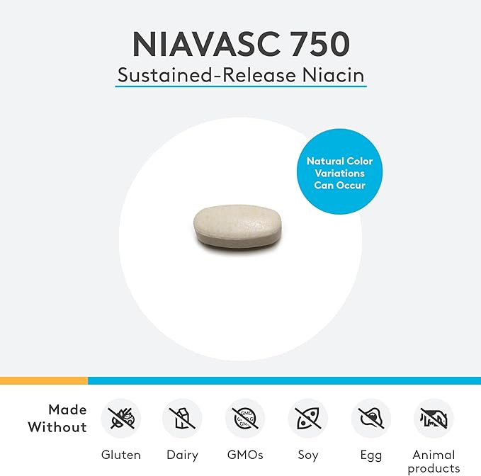 XYMOGEN NiaVasc 750 - Sustained-Release Niacin for a Lesser Flushing Effect - Supports The Maintenance of Healthy Blood Lipids (60 Time-Release Tablets)