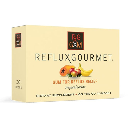 REFLUX GOURMET Tropical Soothe Gum Alginate Therapy Sodium Bicarbonate Gum for Acid Reflux, Oral, Cognitive, and Digestive Support, Natural with Ginger, Celeriac, Aloe, Sugar Free, Gluten Free, Vegan