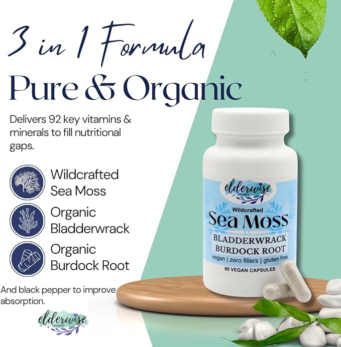 Elderwise Organics Sea Moss Capsules - Sea Moss with Burdockroot & Bladderwrack - Superfood Supplement with Raw Sea Moss - 60 Vegan Capsules - 30 Day Supply - Dosage 2 a Day - 1400 mg