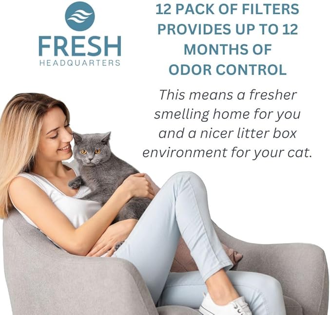 12-Pack Activated Carbon Litter Box Filters - Premium Pre Cut Cat Litter Filters Replacement - Compatible with PetMate Booda Dome Covered Box, Biodegradeable and Made in USA