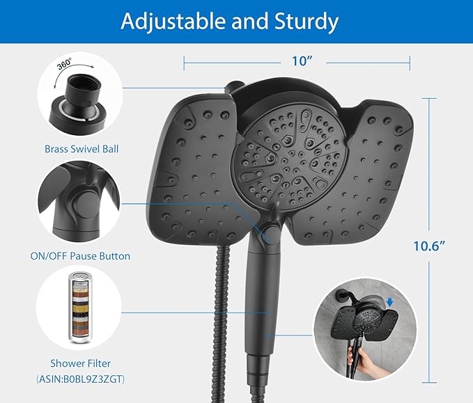 Black Shower Heads with Handheld Spray Combo 2.5GPM: 10” Rainfall Shower Head & Detachable Shower Head, 9 Spray Settings Handheld Shower Head with ON/OFF Switch and 15-Stage Filter