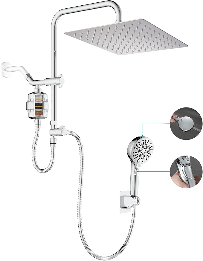 Dual Shower Head with Filter Combo,Stainless Steel 10in Rainfall Showerhead with 10in Height Adjustable Slide Bar&3-Way Diverter,Handheld Shower Head with On Off Switch&Adhesive Shower Holder