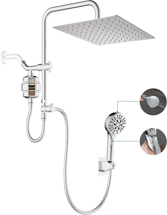 Dual Shower Head with Filter Combo,Stainless Steel 10in Rainfall Showerhead with 10in Height Adjustable Slide Bar&3-Way Diverter,Handheld Shower Head with On Off Switch&Adhesive Shower Holder