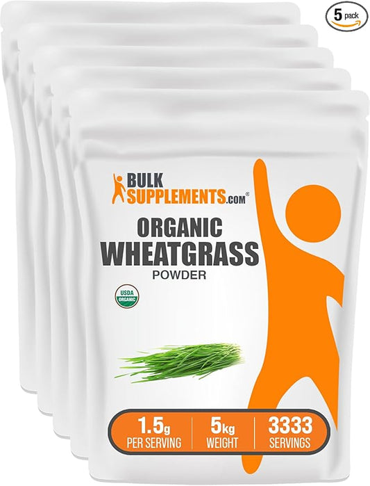 BulkSupplements.com Organic Wheatgrass Powder - Organic Super Greens Powder, Superfoods Supplement - Vegan & Gluten Free, 1.5g per Serving, 1kg (2.2 lbs) (Pack of 5)