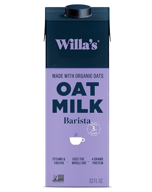 Willa's Organic Barista Oat Milk - Barista Blend Unsweetened Oatmilk and Creamer, Non-GMO, Shelf Stable, Low Sugar, Non-Dairy Milk, Made from Whole Grain Oats, For Foams and Froth, 32oz, Pack of 1