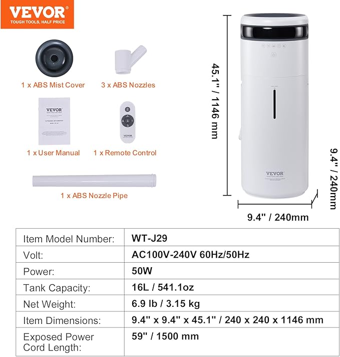 VEVOR Humidifier for Home Large Room, Commercial Humidifier for Whole House 1291.7 sq ft, 16L Water Tank & Night Light & 12h Timer & Auto Shut-Off, Greenhouse, Commercial Branch Tube w/ 360° Nozzle