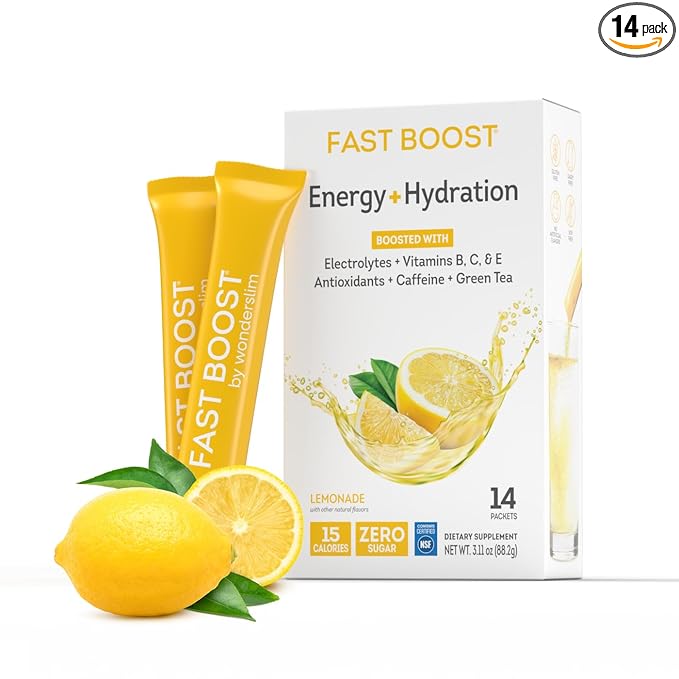 FAST BOOST Energy & Hydration Drink Mix - Lemonade | Sugar Free Electrolyte Powder Packets with Antioxidants, Green Tea Extract, B Vitamins, Vitamin C & E | 14 Stick Packs