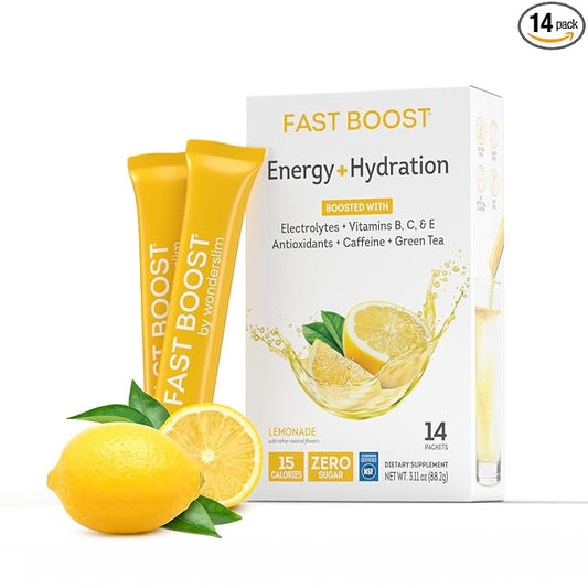 FAST BOOST Energy & Hydration Drink Mix - Lemonade | Sugar Free Electrolyte Powder Packets with Antioxidants, Green Tea Extract, B Vitamins, Vitamin C & E | 14 Stick Packs
