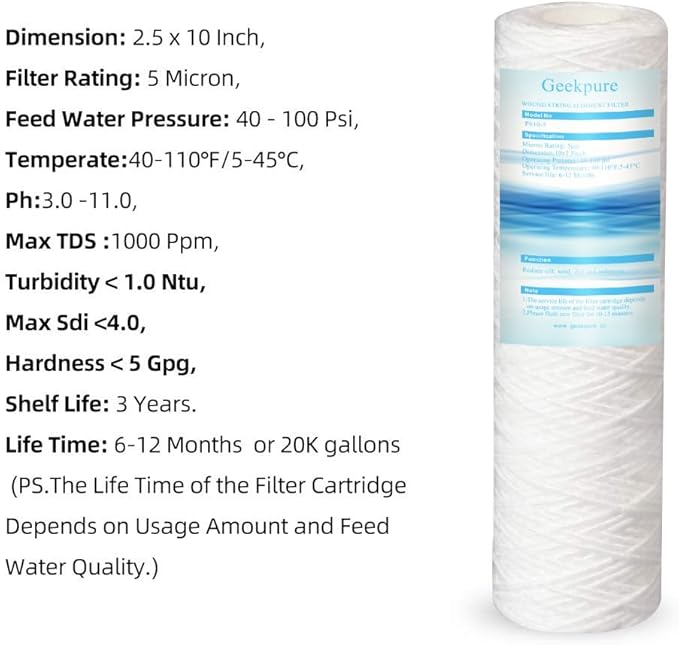 Geekpure 10 Inch PP Wound String Spun Sediment Replacement Filter for Reverse Osmosis System- 2.5" x 10"-5 Micron-4 Pack