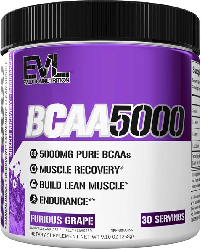 EVL BCAAs Amino Acids Powder - BCAA Powder Post Workout Recovery Drink and Stim Free Pre Workout Energy Drink Powder - 5g Branched Chain Amino Acids Supplement for Men - Furious Grape