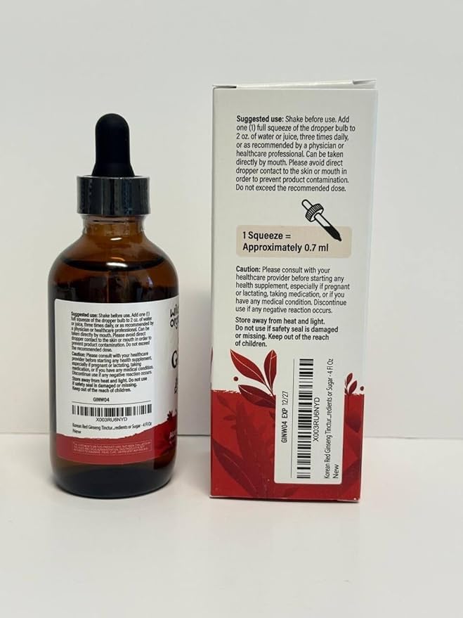 Wild & Organic Korean Panax Ginseng Extract Liquid - Red Ginseng Root Supplement for Overall Well-Being - Immune Support Drops - Vegan, Sugar & Alcohol-Free Tincture - 4 fl oz