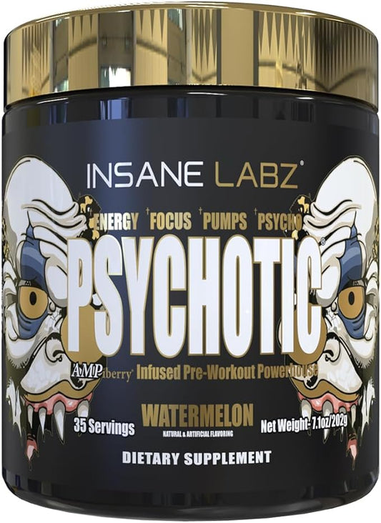 Insane Labz Psychotic Gold, High Stimulant Pre Workout Powder, Extreme Lasting Energy Focus, Pumps and Endurance with Beta Alanine, DMAE Bitartrate, NO Booster (35 Servings, Watermelon)