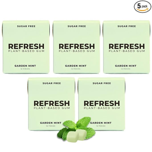 Refresh Gum, Xylitol, Natural, Sugar Free, Plastic Free, Aspartame Free, Natural Flavors & Organic Ingredients, Plant-Based, Low Calorie, Non GMO, Gluten Free, Vegan, Garden Mint Flavor, 12 Pcs, 5 Pack