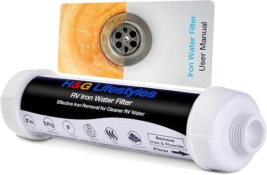 H&G lifestyles Iron RV Water Filter Camping, RV Inline Water Filter for RV Hose, Reduce Iron Fluoride Manganese Improve Water Taste for Drinking Water, 3/4" GHT, Ideal for Campers, Marine, Boats