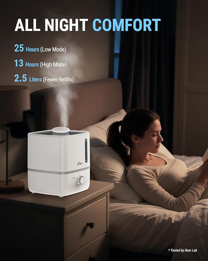 Bear Humidifiers for Bedroom, 3L Cool Mist Humidifiers and Oil Diffuser, Quiet Rapid humidifiers for Home Whole House, with Adjustable Mist Output and Auto Shut-off, White