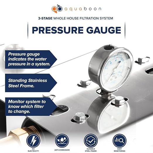 Aquaboon 3-Stage Water Filter System with Prefilter & 20x4.5 Carbon Block, Anti-Scale, KDF Whole House Filters, Pressure Gauge & Release, Wrench, Freestanding Steel Frame