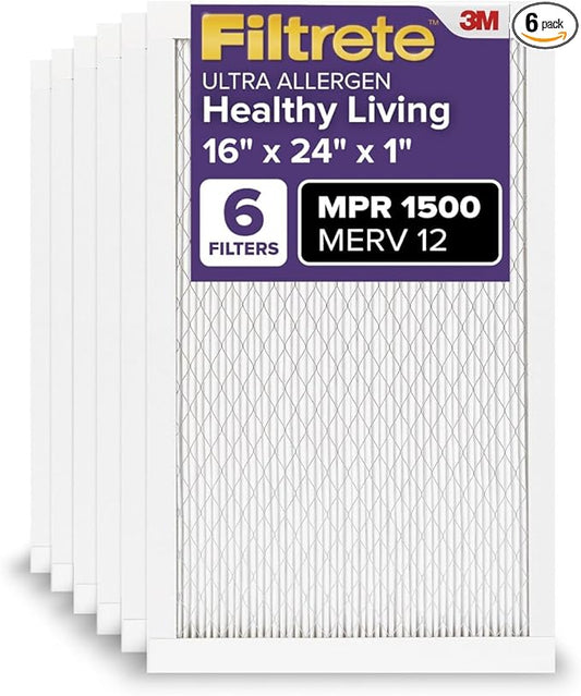 Filtrete 16x24x1 AC Furnace Air Filter, MERV 12, MPR 1500, CERTIFIED asthma & allergy friendly, 3 Month Pleated 1-Inch Electrostatic Air Cleaning Filter, 6-Pack (Actual Size 15.81x23.81x0.78 in)