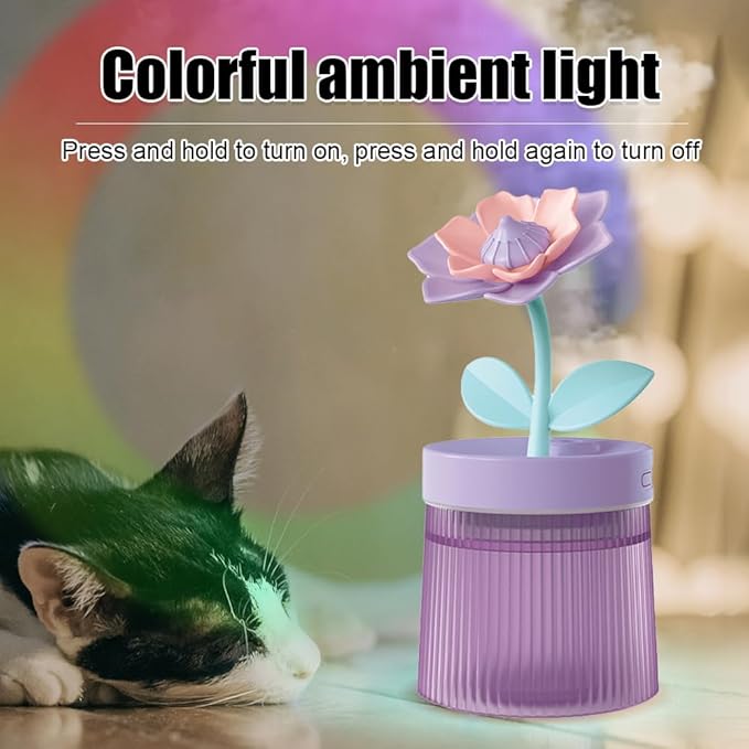 Flower Mist Humidifier, 260ML Mini Desk Humidifier 2 Misting Modes Auto-Off Portable Humidifier with Colorful Light for Car Office Home Bedroom