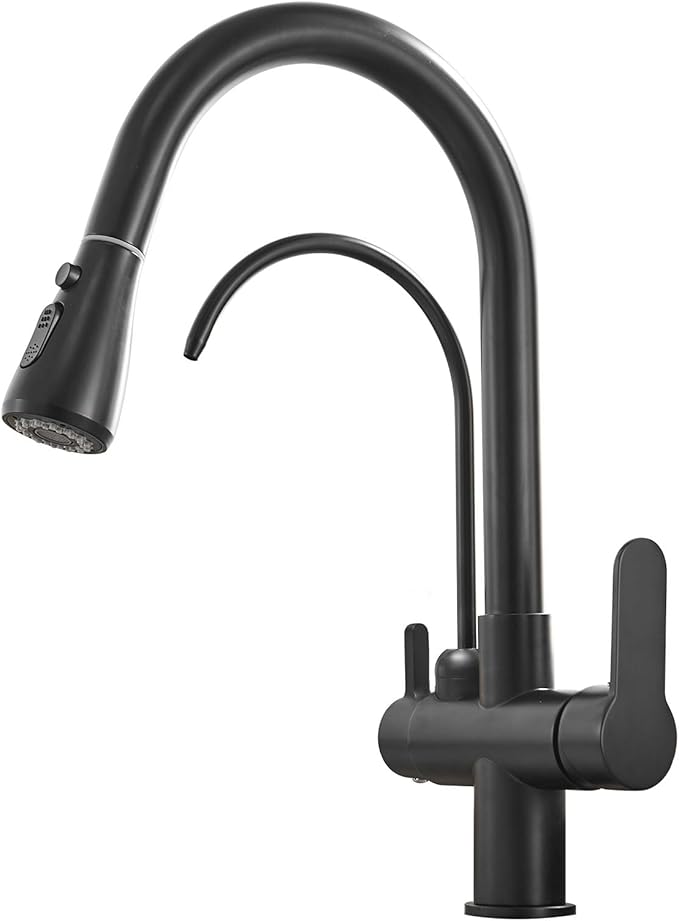 MENATT Commercial 3 in 1 Drinking Water Faucet, High Arc Water Filter Purifier Kitchen Faucets, Dual Handle Pull Out Kitchen Sink Faucet (Matte Black)