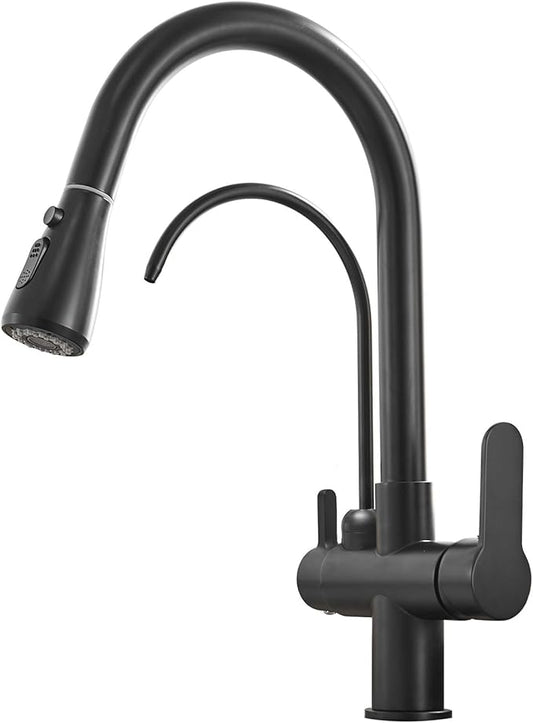 MENATT Commercial 3 in 1 Drinking Water Faucet, High Arc Water Filter Purifier Kitchen Faucets, Dual Handle Pull Out Kitchen Sink Faucet (Matte Black)