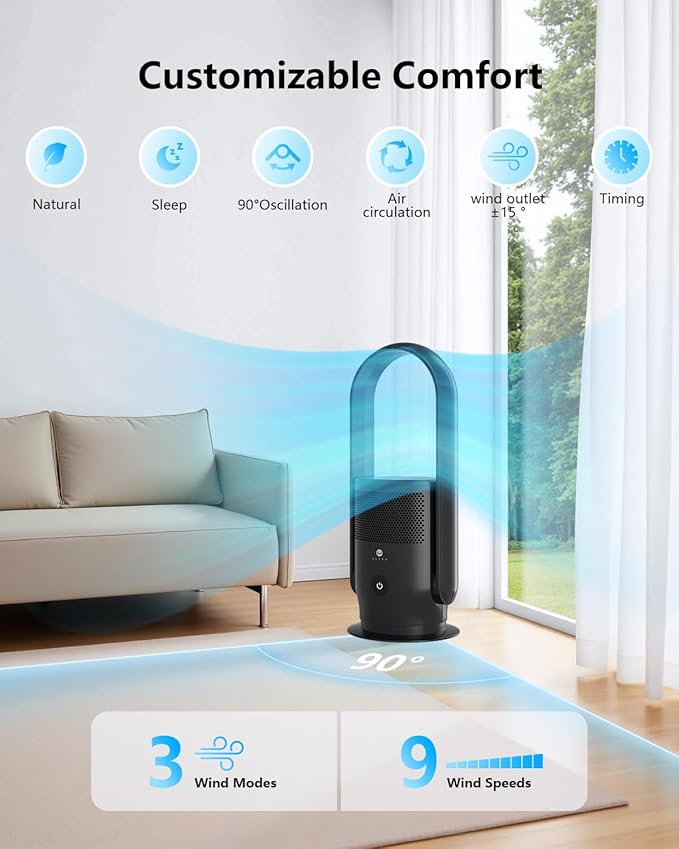 ULTTY Bladeless Tower Fan and Air Purifier in one, 90° Oscillating Bladeless Fan with Remote, Touch, 8H Timer, Floor Fans for Bedroom Whole Room Home Office R021, Black