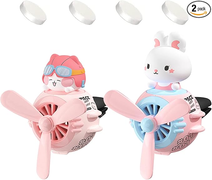 2 Pieces Car Air Fresheners, Cute Rabbit and Cat Pilot Car Diffuser, Propeller Air Outlet Vent Fresheners, Suitable for Automotive Interior Decoration (Cat+Rabbit)