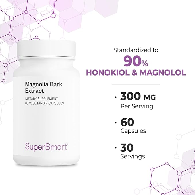 Supersmart - Magnolia Bark Extract (Max Strength) 300mg per Day - 90% Honokiol & Magnolol - Magnolia Bark Supplement | Non-GMO & Gluten Free - 60 Vegetarian Capsules