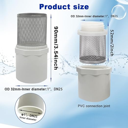 1" Stainless Steel Filter Cover Connected to 1 inch/DN25 PVC Water Pipe, Suction Strainers Used to Remove Debris and Reduce Solid Entry