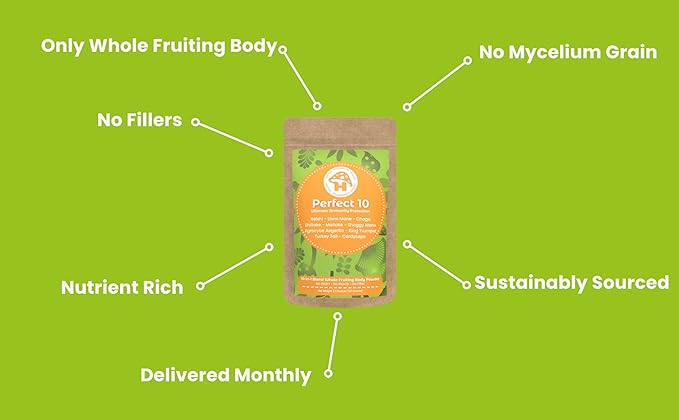 Hongo Mushroom Power - Perfect 10 Mushroom Complex Powder - Lions Mane, Reishi, Cordyceps, Chaga, Turkey Tail, Maitake Supplements - for Immunity, Energy, Memory & Focus - (60 Servings)